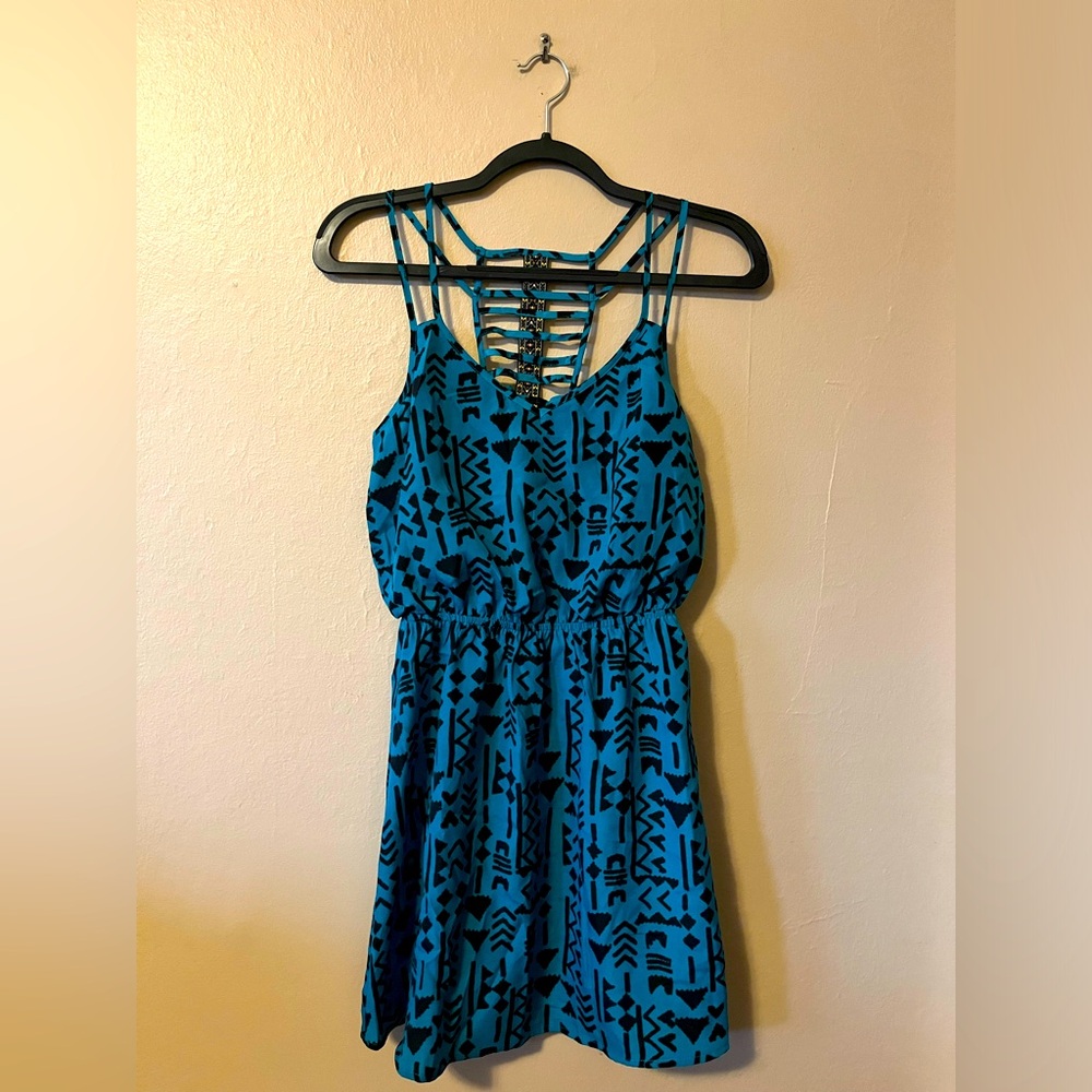 NWT Three Pink Hearts Teal Aztec Print Strappy Dress XS